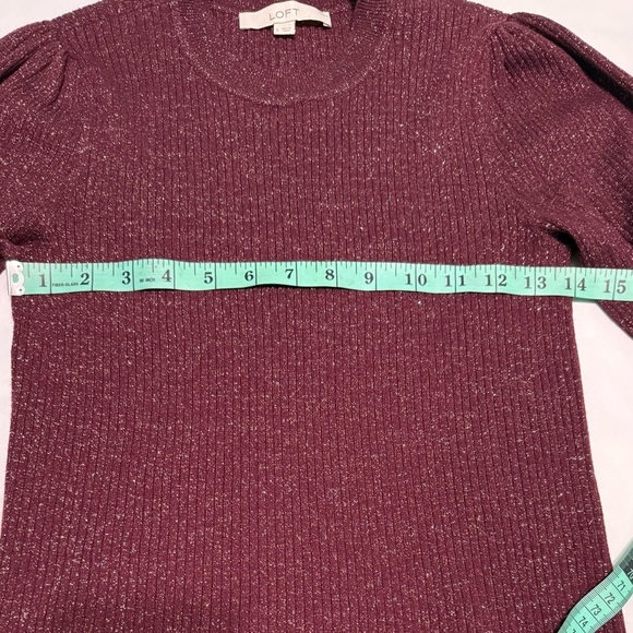 LOFT Burgundy Crewneck Sweater with Puff Sleeves - Picture 5 of 6